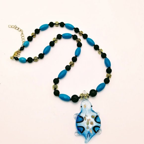 TURTLE*DICHROIC BLUE ART GLASS PENDANT*LAVA STONE*NECKLACE*TRENDY*HANDCRAFTED - Picture 6 of 7